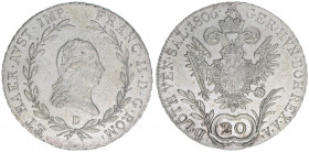Kaiser Franz I.
Salzburg. 20 Kreuzer, 1806 D. Römisch Deutsche Kaiserkrone
Salzburg
6,68g
Zöttl 3440, Probszt 2631
vz