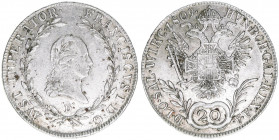 Kaiser Franz I.
Salzburg. 20 Kreuzer, 1809 D. Österreichische Hauskrone
Salzburg
6,63g
Probszt 2630
ss+