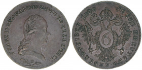 Kaiser Franz I.
Salzburg. 6 Kreuzer, 1800 D. sehr selten
Salzburg
14,44g
Zöttl 3444, Probszt 2635
ss/vz