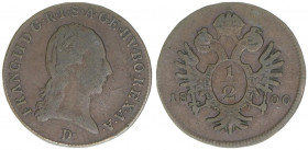 Kaiser Franz I.
Salzburg. 1/2 Kreuzer, 1800 D. äußerst selten
Salzburg
2,13g
Zöttl 3447, Probszt 2638
ss-