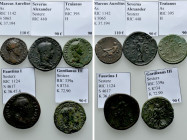 5 Roman Coins; Trajan, Marc Aurel etc