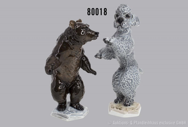 Konv. 2 Rosenthal Porzellan Tierfiguren, dabei Braunbär stehend auf 4-eckigem So...