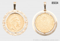 Preußen, Wilhelm II. (1888-1918), 20 Mark 1910 A, 900er Gold, gefasst in 585er Gelbgold-Fassung, sehr schön/fast vorzüglich, 10,4 g Gesamtgewicht