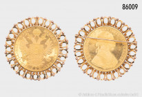 Österreich, 4 Dukaten 1915, offizielle NP, gefasst in einer fein gearbeiteten Goldfassung, 2 x gepunzt mit Fuchskopf, 585er Gold, Münze 986er Gold, 21...