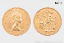 Großbritannien, Elisabeth II., Sovereign 1958, 917er Gold, 7,99 g, 22 mm, etwas berieben, fast vorzüglich