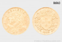Schweiz, 20 Franken 1935 L - B, Vreneli, 900er Gold, 6,44 g, 21 mm, winzige Randfehler, vorzüglich
