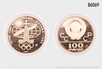 Russland/Sowjetunion, 100 Rubel 1977, auf die XXII. Olympischen Sommerspiele 1980 in Moskau, Rs. Friedenszweig vor Globus, 900er Gold, 17,32 g, 30 mm,...