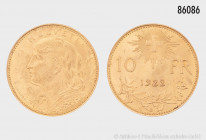 Schweiz, 10 Franken 1922 B, 900er Gold, 3,22 g, 19 mm, HMZ 2-1196, fast vorzüglich/vorzüglich