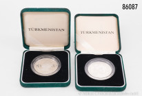 Turkmenistan, Konv. 2 x 500 Manat 2001, auf das 10-jährige Jubiläum der Unabhängigkeit, 925er Silber, selten, Auflage je 1.000 Exemplare, verkapselt, ...