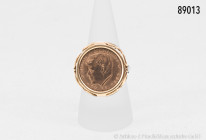 Ring, 585er Gelbgold, darin eingefasst Goldmedaille auf John F. Kennedy, Ringgröße 62, 6,1 g Gesamtgewicht, guter Zustand mit leichten Altersspuren