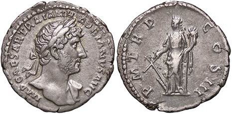 ROMANE IMPERIALI - Adriano (117-138) - Denario C. 1157; RIC 85 (AG g. 2,84) Bel ...