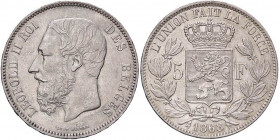 ESTERE - BELGIO - Leopoldo II (1865-1909) - 5 Franchi 1868 Kr. 24 AG
BB-SPL