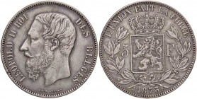 ESTERE - BELGIO - Leopoldo II (1865-1909) - 5 Franchi 1873 Kr. 24 AG
BB+