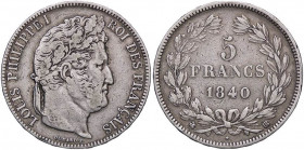 ESTERE - FRANCIA - Luigi Filippo I (1830-1848) - 5 Franchi 1840 BB Kr. 749.3 AG
qBB