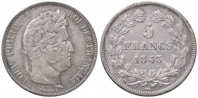 ESTERE - FRANCIA - Luigi Filippo I (1830-1848) - 5 Franchi 1843 BB Kr. 749 AG Graffi al R/
Graffi al R/
qBB