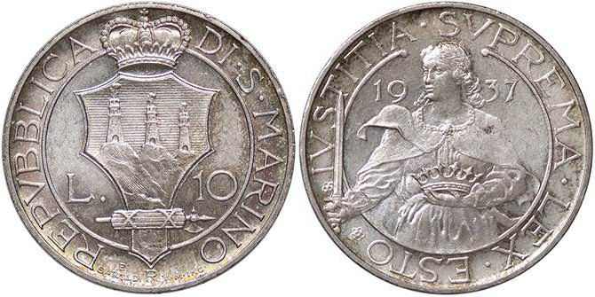 ZECCHE ITALIANE - SAN MARINO - Vecchia monetazione - 10 Lire 1937 Pag. 355; Mont...