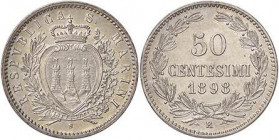 ZECCHE ITALIANE - SAN MARINO - Vecchia monetazione - 50 Centesimi 1898 Pag. 369; Mont. 6 AG
FDC/qFDC