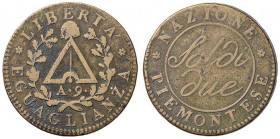 ZECCHE ITALIANE - TORINO - Repubblica Subalpina (1800-1802) - 2 Soldi A. 9 Pag. 7; Mont. 11 R BR Contorno liscio
Contorno liscio - 
BB