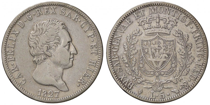 SAVOIA - Carlo Felice (1821-1831) - 5 Lire 1827 T Pag. 73; Mont. 63 AG Colpetto...