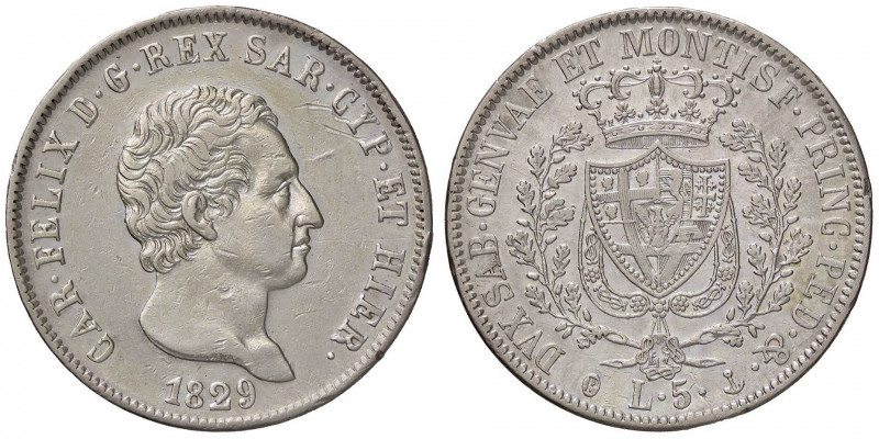 SAVOIA - Carlo Felice (1821-1831) - 5 Lire 1829 G Pag. 76; Mont. 68 AG Segni e c...