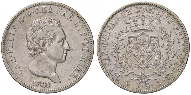 SAVOIA - Carlo Felice (1821-1831) - 5 Lire 1830 G Pag. 78; Mont. 71 AG Colpetto...