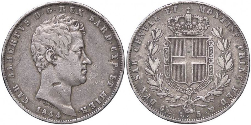 SAVOIA - Carlo Alberto (1831-1849) - 5 Lire 1844 G Pag. 255; Mont. 131 AG Mancan...