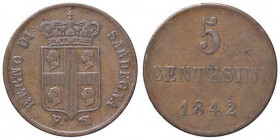 SAVOIA - Carlo Alberto (1831-1849) - 5 Centesimi 1842 T Pag. 334; Mont. 209 R CU
BB