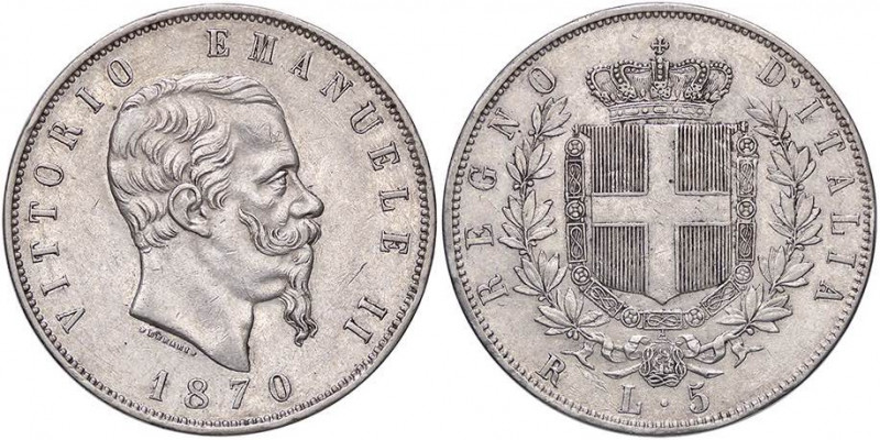 SAVOIA - Vittorio Emanuele II Re d'Italia (1861-1878) - 5 Lire 1870 R Pag. 491; ...