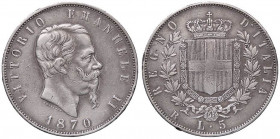 SAVOIA - Vittorio Emanuele II Re d'Italia (1861-1878) - 5 Lire 1870 R Pag. 491; Mont. 173 R AG
qBB