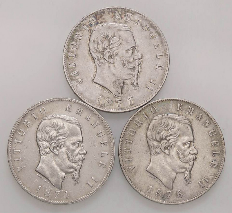 SAVOIA - Vittorio Emanuele II Re d'Italia (1861-1878) - 5 Lire 1874-1876-1877 AG...