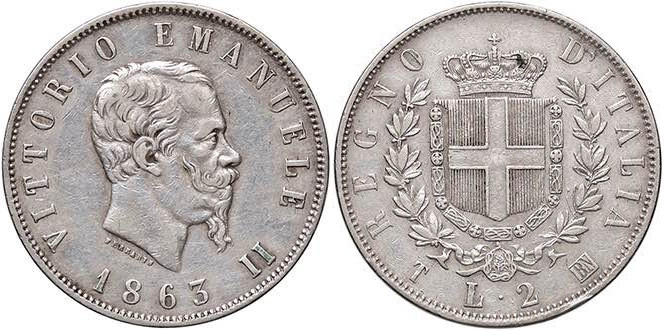 SAVOIA - Vittorio Emanuele II Re d'Italia (1861-1878) - 2 Lire 1863 T Stemma Pag...