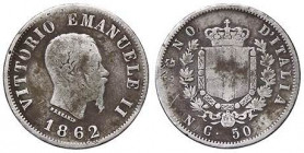SAVOIA - Vittorio Emanuele II Re d'Italia (1861-1878) - 50 Centesimi 1862 N Stemma Pag. 523; Mont. 213 R AG
qMB