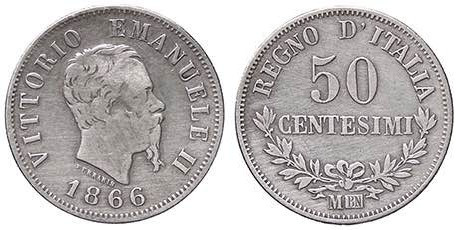 SAVOIA - Vittorio Emanuele II Re d'Italia (1861-1878) - 50 Centesimi 1866 M Valo...