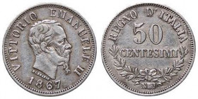 SAVOIA - Vittorio Emanuele II Re d'Italia (1861-1878) - 50 Centesimi 1867 N Valore Pag. 532; Mont. 222 AG
qBB/BB