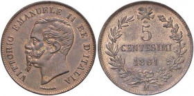 SAVOIA - Vittorio Emanuele II Re d'Italia (1861-1878) - 5 Centesimi 1861 M Pag. 552; Mont. 246 CU Rame rosso
Rame rosso
qFDC/FDC
