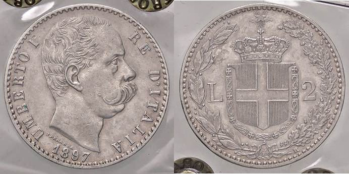 SAVOIA - Umberto I (1878-1900) - 2 Lire 1897 Pag. 598; Mont. 43 AG Sigillata Qua...