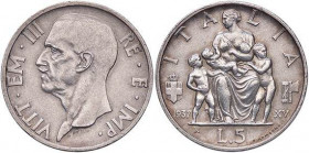 SAVOIA - Vittorio Emanuele III (1900-1943) - 5 Lire 1937 XV Fecondità Pag. 720; Mont. 134 R AG
SPL+/qFDC
