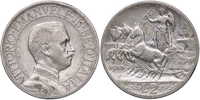SAVOIA - Vittorio Emanuele III (1900-1943) - 2 Lire 1910 Quadriga lenta Pag. 733...
