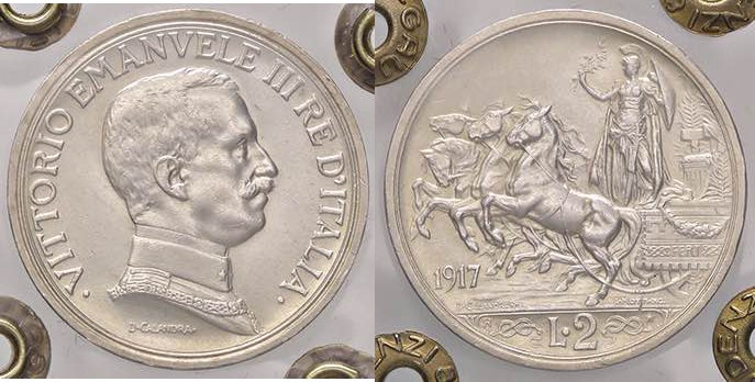 SAVOIA - Vittorio Emanuele III (1900-1943) - 2 Lire 1917 Quadriga briosa Pag. 74...
