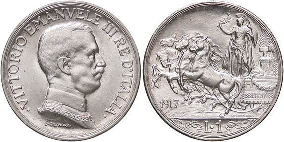 SAVOIA - Vittorio Emanuele III (1900-1943) - Lira 1917 Quadriga briosa Pag. 775;...