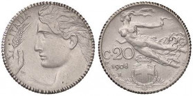 SAVOIA - Vittorio Emanuele III (1900-1943) - 20 Centesimi 1908 Pag. 829; Mont. 276 (NI g. 4,05) Rigatura postuma
Rigatura postuma
BB-SPL