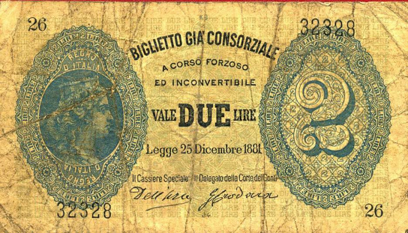 CARTAMONETA - CONSORZIALI - Biglietti già Consorziali - 2 Lire 25/12/1881 Gav. 1...