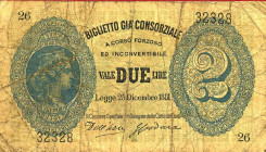 CARTAMONETA - CONSORZIALI - Biglietti già Consorziali - 2 Lire 25/12/1881 Gav. 11 R Dell'Ara/Crodara
Dell'Ara/Crodara - 
meglio di MB