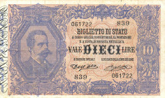 CARTAMONETA - BIGLIETTI DI STATO - Umberto I (1878-1900) - 10 Lire 25/10/1892 - Serie 491-970 Alfa 74; Lireuro 16C RR Dell'Ara/Righetti Scritta al R/...