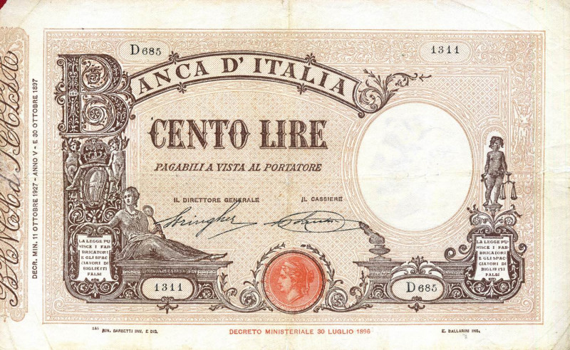 CARTAMONETA - BANCA d'ITALIA - Vittorio Emanuele III (1900-1943) - 100 Lire - Ba...