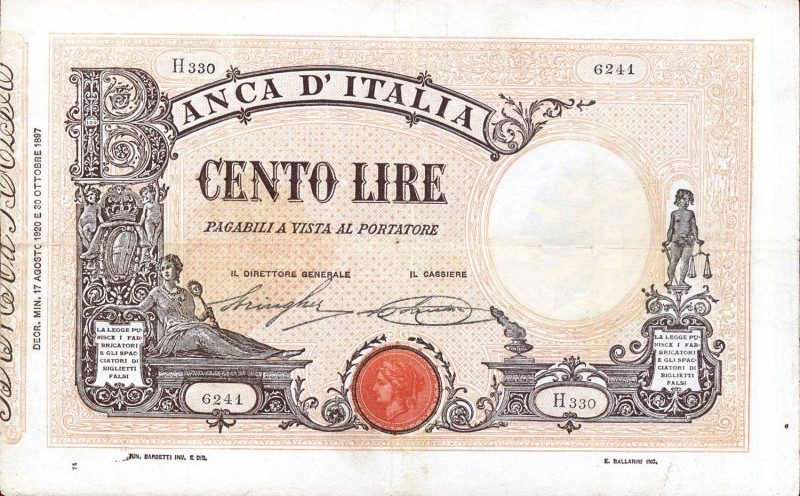 CARTAMONETA - BANCA d'ITALIA - Vittorio Emanuele III (1900-1943) - 100 Lire - Ba...