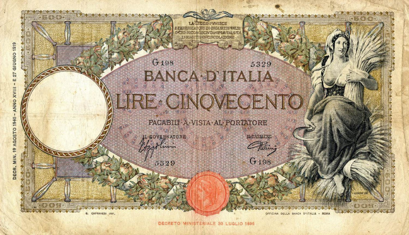 CARTAMONETA - BANCA d'ITALIA - Vittorio Emanuele III (1900-1943) - 500 Lire - Ca...