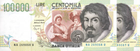 CARTAMONETA - BANCA d'ITALIA - Repubblica Italiana (monetazione in lire) (1946-2001) - 100.000 Lire - Caravaggio 2° tipo 20/02/1997 Alfa 934; Lireuro ...