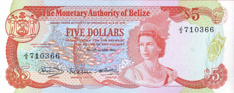 CARTAMONETA ESTERA - BELIZE - Elisabetta II (1952) - 5 Dollari 01/06/1980 Pick 3...