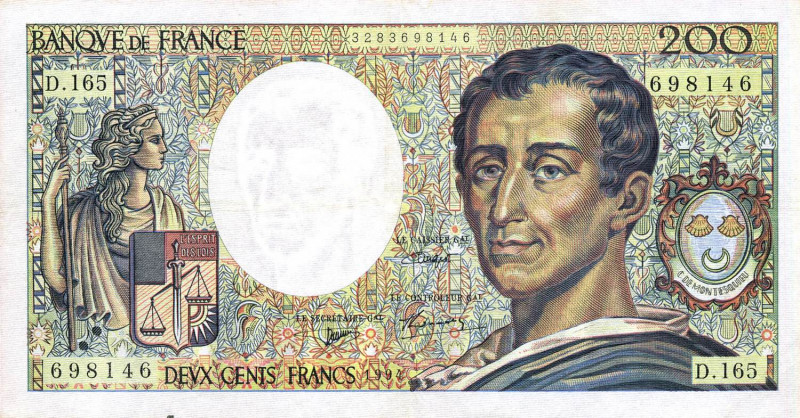 CARTAMONETA ESTERA - FRANCIA - Quinta Repubblica (1959) - 200 Franchi 1994
BB-S...